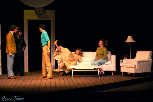 Max Stoner, Daniel Stucky, Joel Walley, Brittany David and Haley Gill rehearse a scene from"The Bald Soprano."