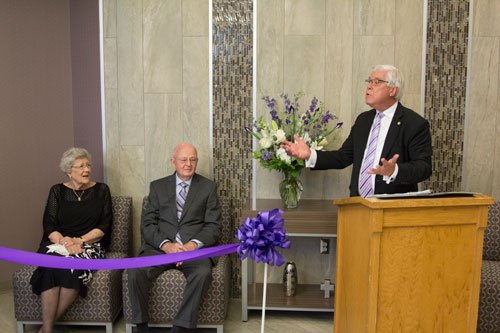 SBU President Emeritus Dr. C. Pat Taylor welcomes guests to the Wayne & Diana Hutchins Center for Nursing Education.