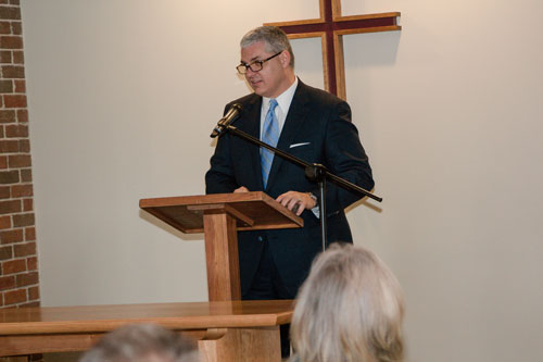 SBU President Dr. Eric A. Turner addresses the audience at the dedication ceremony for Randolph Chapel.