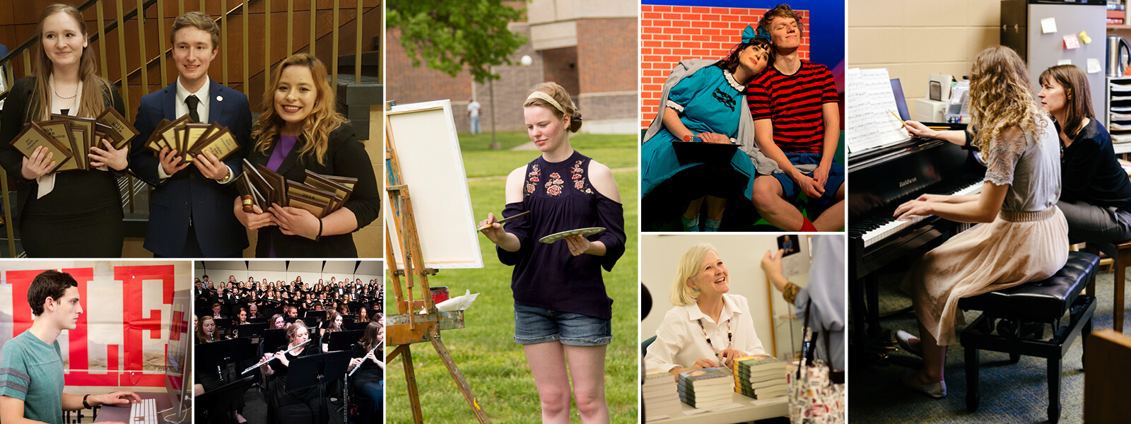 collage of photos showing students at work in areas of art, communication, English, music and theatre
