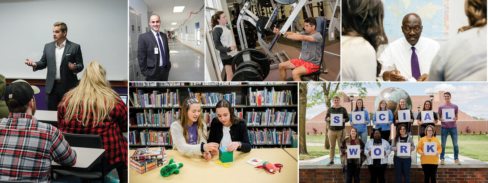collage of photos showing students in education, exercise science, and political science settings
