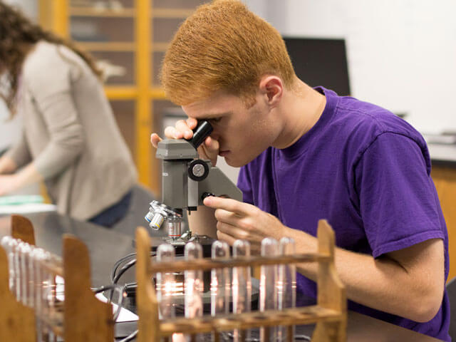 Student looks in microscope in lab classroom